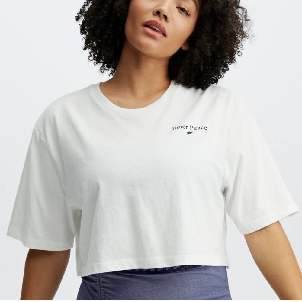 white creme fabletics inner peace tee